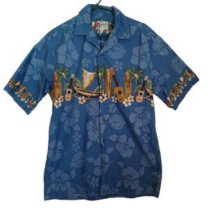 Hilo Hattie Shirt Hawaiian Original Vintage Blue Floral Beach Print Mens Large